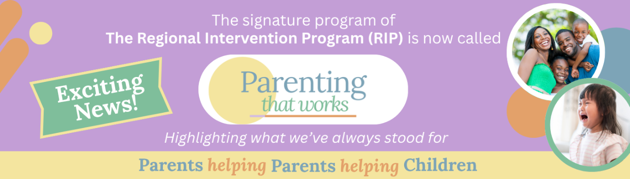 PTW Website Banner - 1 **Alt text:** Colorful banner announcing that The Regional Intervention Program’s signature program is now called “Parenting that Works,” with the tagline “Highlighting what we’ve always stood for” and “Parents helping Parents helping Children.” The design includes an “Exciting News!” sign and photos of smiling families and children.