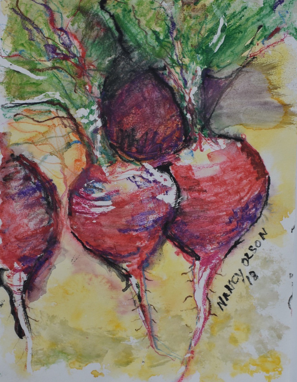 A painting of a bunch of four beets, which have green leaves at the top and a rich dark red for the body of the beet, against a light brown dirt-like background.