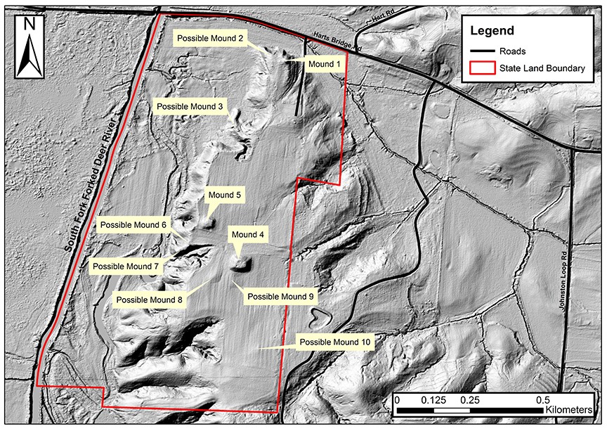 LiDAR Map of the Johnston Site with identified and possible mounds labeled. 