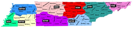 map of development districts in Tennessee