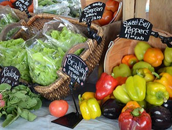 Produce including lettuces and peppers on a table for sale at farmer's market