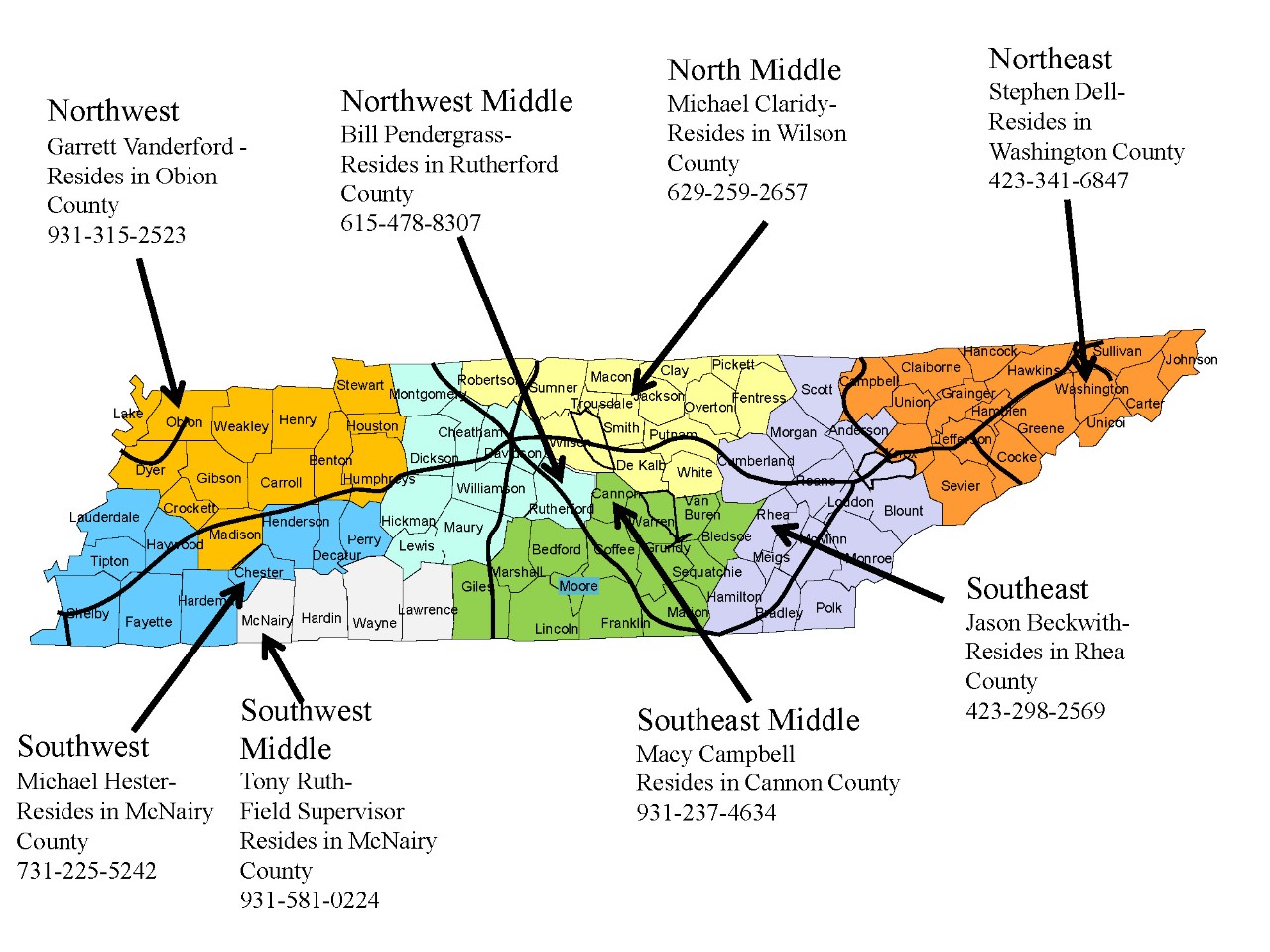 Ag Inputs map of Tennessee county covered regions of staff, see detailed inspector regions and contact info below image