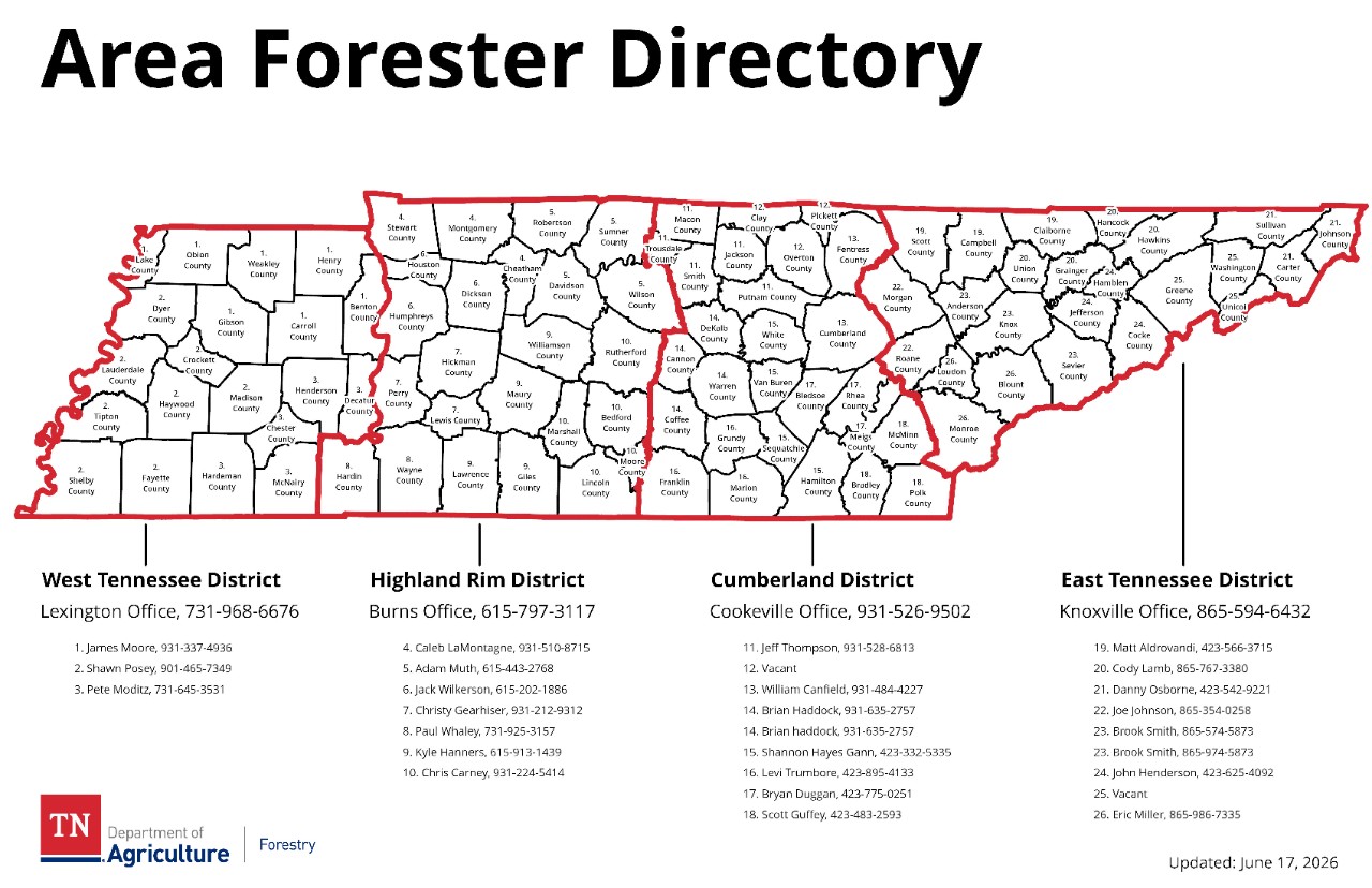 AreaForesterDirectory_20260617 Map showing which which area foresters serve each county in Tennessee; updated April 29, 2026