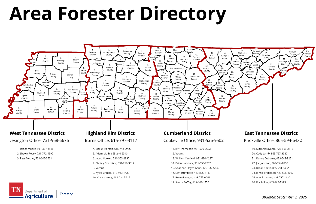 Area Forester Directory_20260902 Map showing which which area foresters serve each county in Tennessee; updated in September, 2026