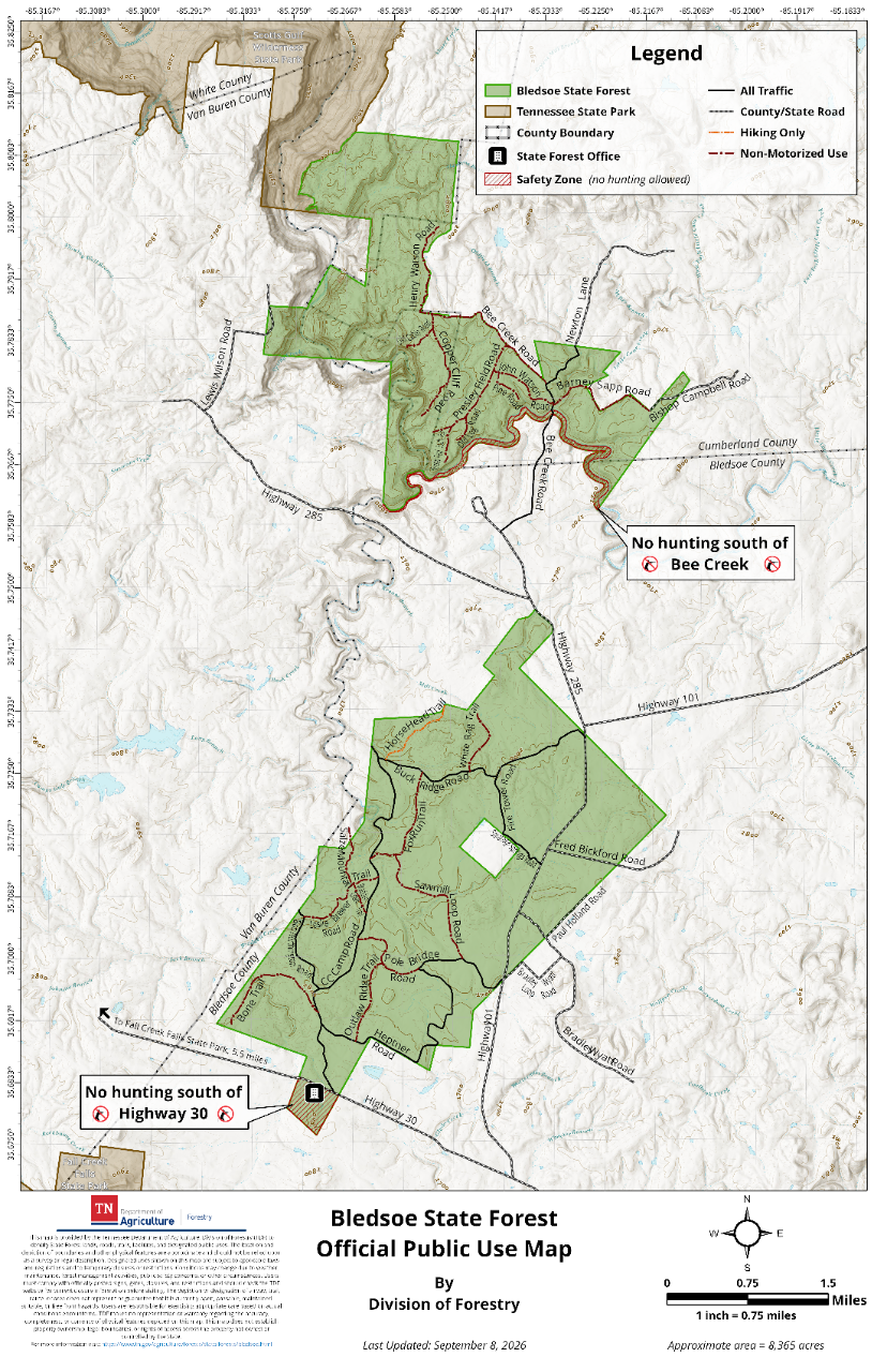 Bledsoe_Public Use Map_20260908 Official Public Use Map of Bledsoe State Forest, approximately 8,365 acres, published by the Tennessee Division of Forestry. The map shows the forest boundary, trail system, road designations, State Forest Offices and designated safety and no-hunting zones.