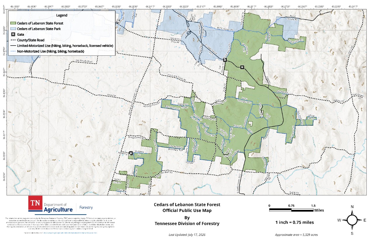 Cedars of Lebanon_Public Use Map_20260717 Official Public Use Map of Cedars of Lebanon State Forest, approximately 5,270 acres, published by the Tennessee Division of Forestry. The map shows the forest boundary, trail system, road designations, and gate locations, with the adjacent Cedars of Lebanon State Park to the north.