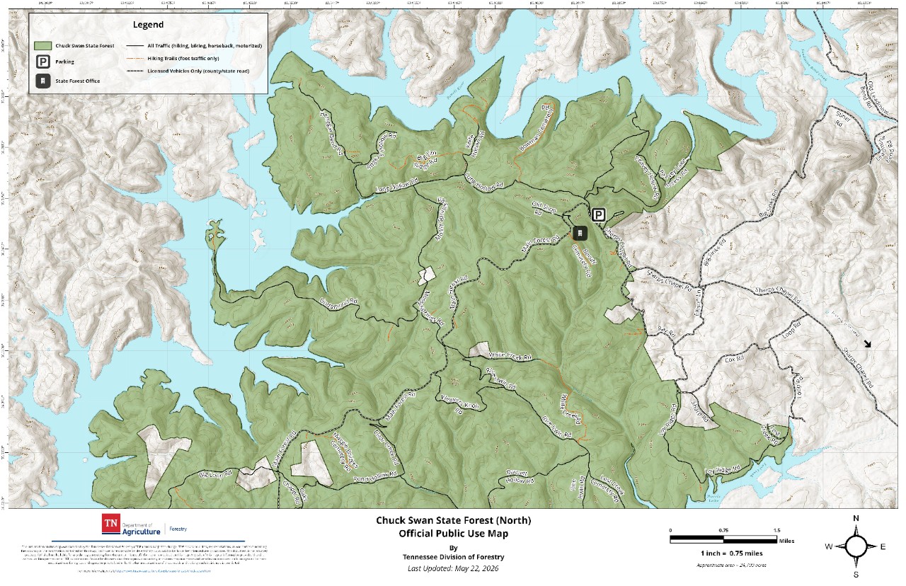Chuck Swan North_Public Use Map_20260522 Official Public Use Map of Chuck Swan State Forest, north section, about 24,700 acres total, published by the Tennessee Division of Forestry. The map shows the forest boundary, road and trail system, road designations, the State Forest Office and a parking area, with Norris Lake and the Powell River surrounding the forest.