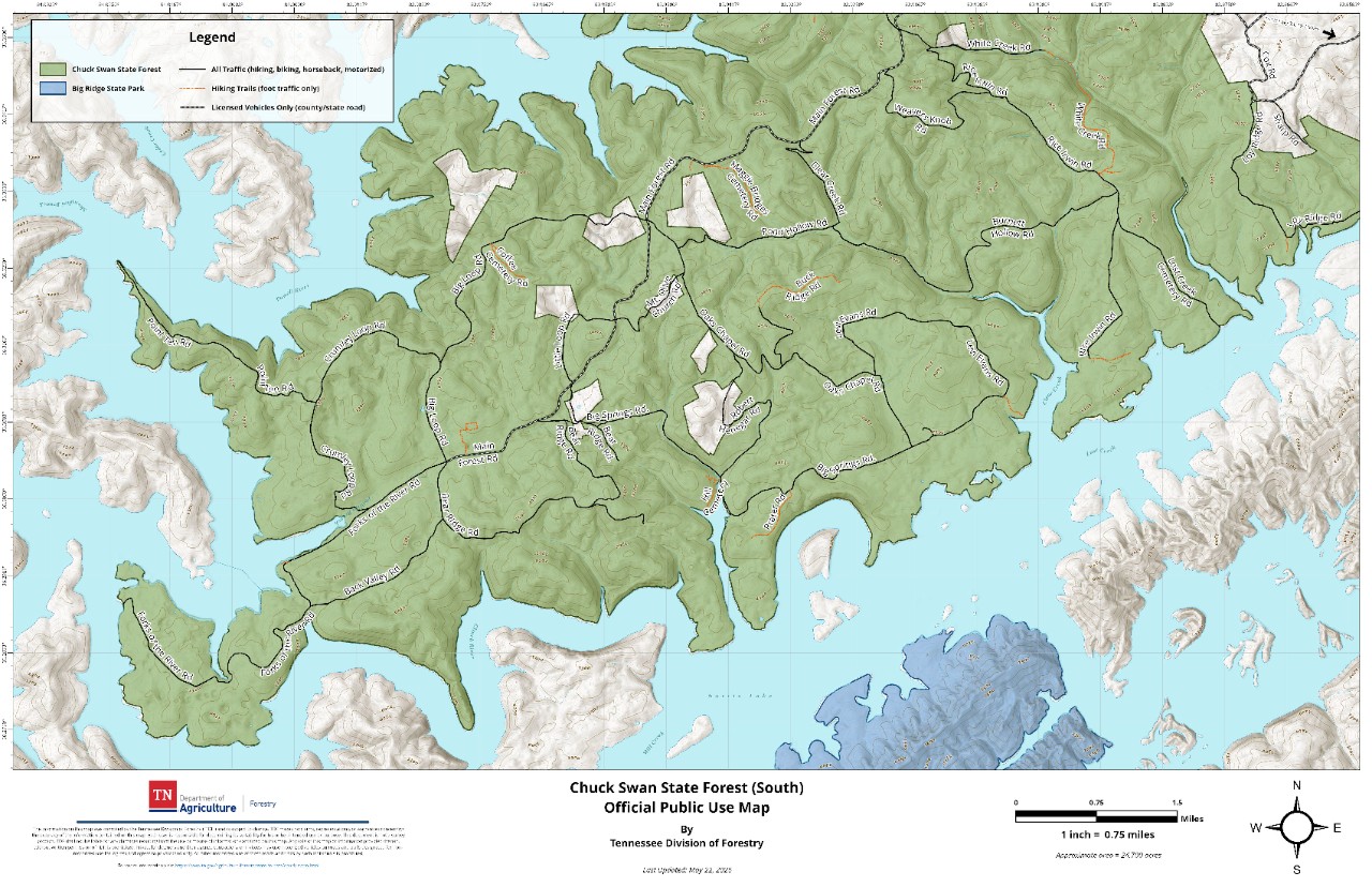 Chuck Swan South_Public Use Map_20260522 Official Public Use Map of Chuck Swan State Forest, south section, about 24,700 acres total, published by the Tennessee Division of Forestry. The map shows the forest boundary, road and trail system and road designations, with Norris Lake and the Powell River surrounding the forest and Big Ridge State Park to the southeast.