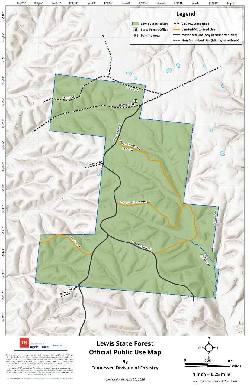 Lewis_Public Map_20260423 Official Public Use Map of Lewis State Forest, about 1,288 acres, published by the Tennessee Division of Forestry. The map shows the forest boundary, road and trail system, road designations, the State Forest Office and a parking area.