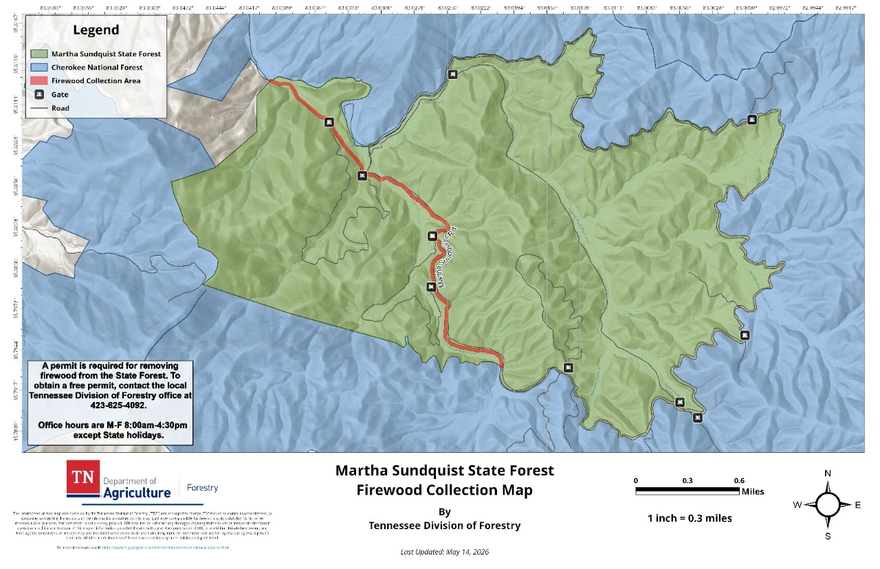 Martha Sundquist_Firewood Collection Map_20260514 Martha Sundquist State Forest Firewood Collection Map, published by the Tennessee Division of Forestry. The map shows the forest boundary, gate locations and the designated firewood collection area along Martha Sundquist Road, with the surrounding Cherokee National Forest.
