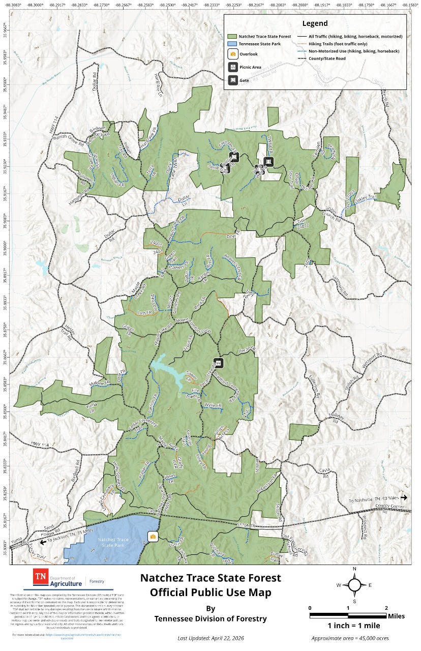 Natchez Trace North_Public Map_20260422 Official Public Use Map of Natchez Trace State Forest, north detail section, about 45,000 acres total, published by the Tennessee Division of Forestry. The map shows the forest boundary, road and trail system, road designations, a picnic area, an overlook and gate locations.