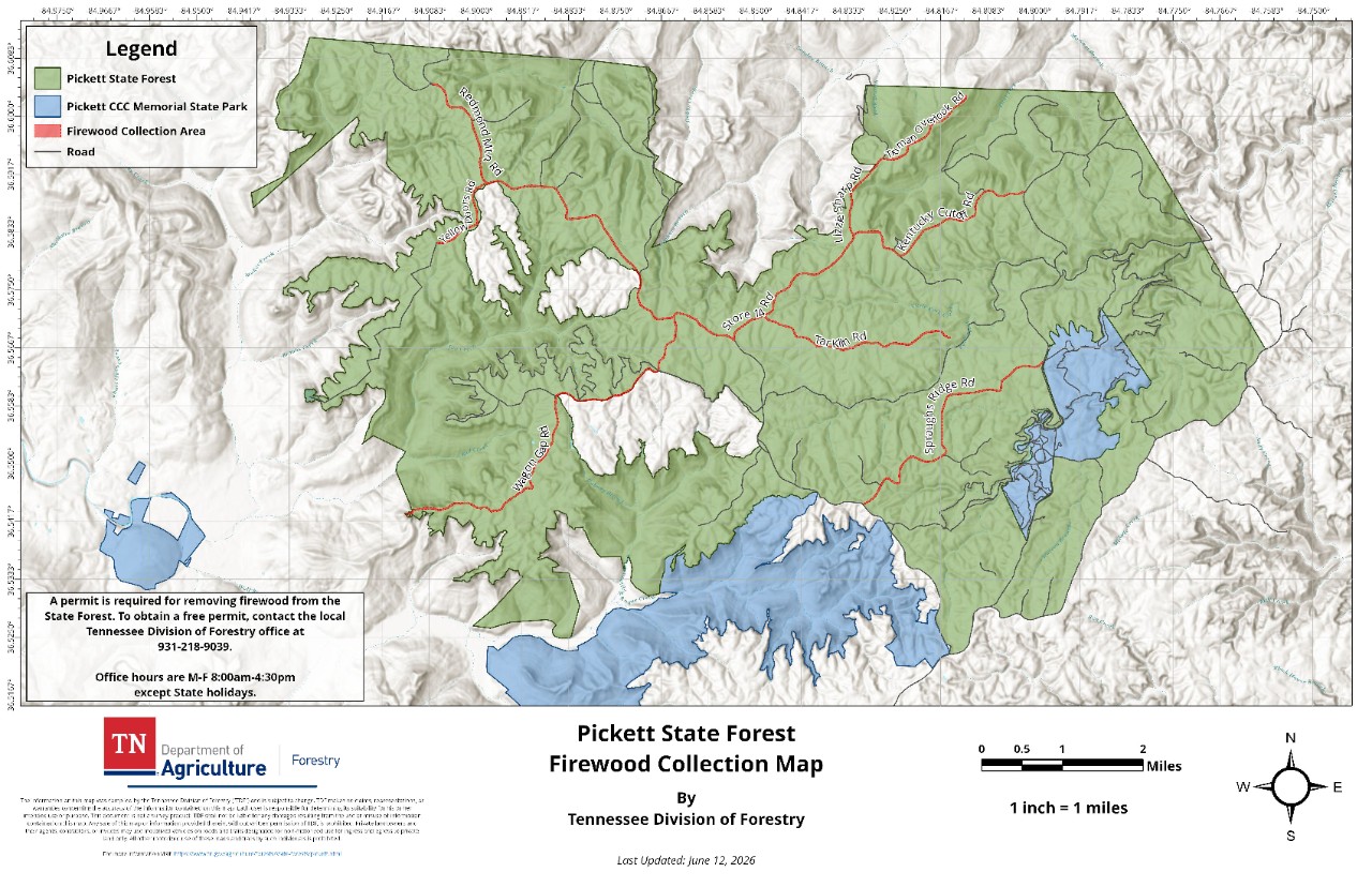 Pickett State Forest Firewood Collection Map showing designated firewood collection areas along forest roads, published by the Tennessee Division of Forestry. 