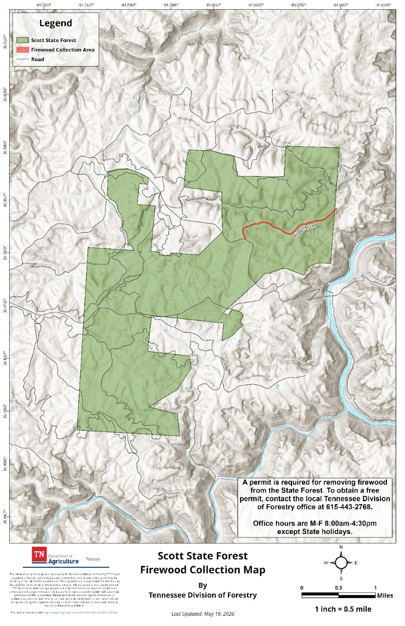 Scott_Firewood Collection Map_20260519 Scott State Forest Firewood Collection Map, published by the Tennessee Division of Forestry. The map shows the forest boundary, surrounding roads and the designated firewood collection area along Ridge Road in the northeastern portion of the forest.