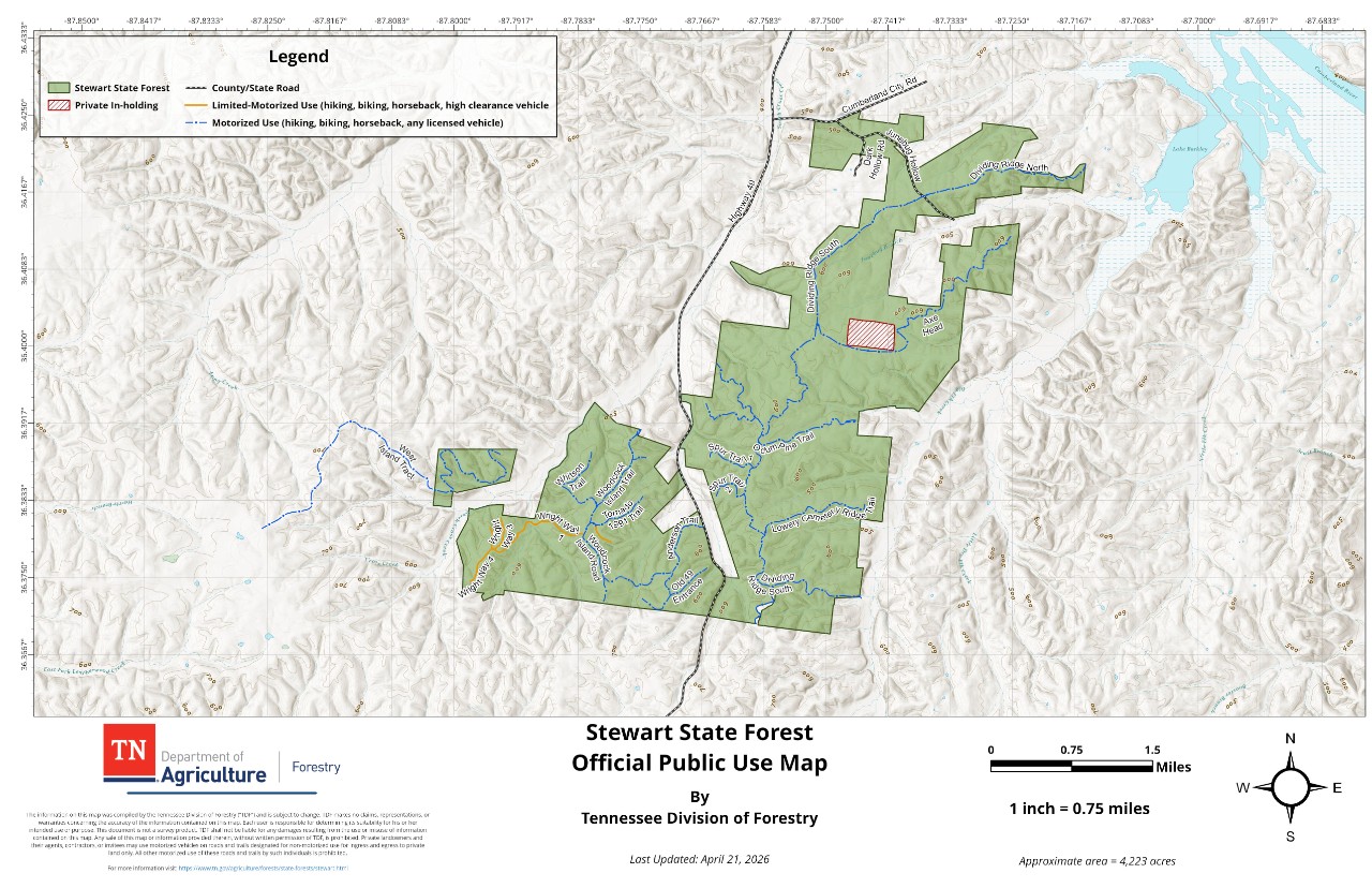 Stewart_Public Use_20260421 Official Public Use Map of Stewart State Forest, about 4,223 acres, published by the Tennessee Division of Forestry. The map shows the forest boundary, trail system, road designations and a private in-holding.