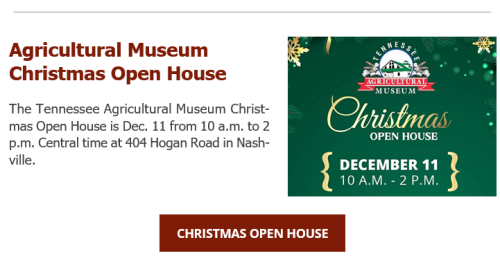 Tennessee Agricultural Museum Christmas Open House is December 11