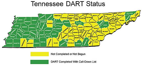Map of Disaster Animal Response Team (DART) by county in Tennessee