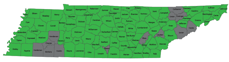 map of tennessee showing counties in green where funding has been used.  all counties are green except for Hardeman, McNairy, Hardin, Chester, Henderson, Moore, Rhea, Loudon, Sevier, Cocke, Grainger, Union, Claiborne