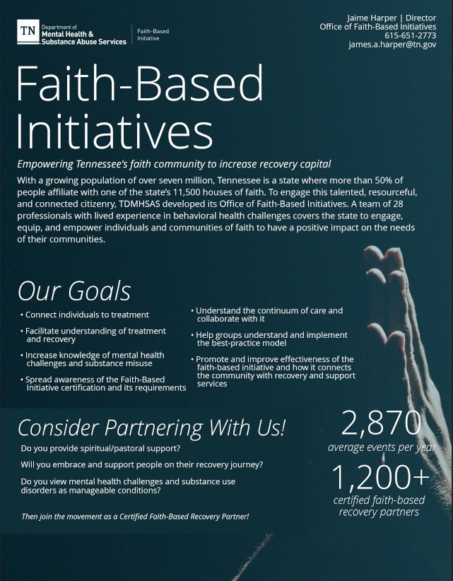 Image of TDMHSAS Faith-Based Onepager.  all information on this document is also contained on this webpage.