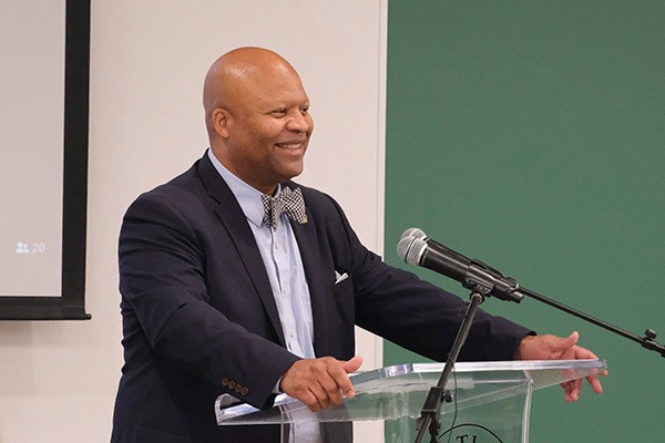 DSCF0017-3 Motlow State Community College President Dr. Michael Torrence speaks in front of a podium and microphone