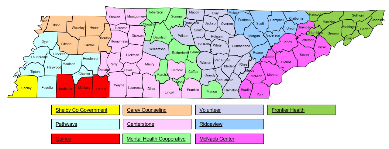 Map of Tennessee showing counties covered by Criminal Justice Liaison Providers.  Refer to the following table for contact information for your county.