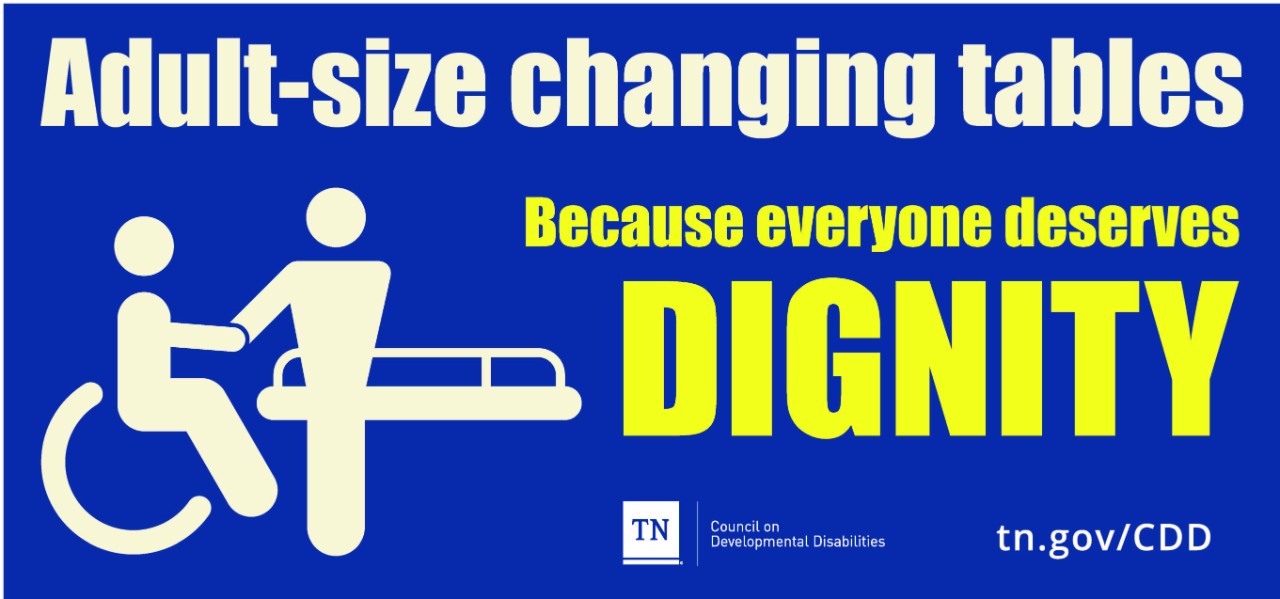 Adult Changing Tables text on blue background says "adult-size changing tables - because everyone deserves dignity". icon of a person helping a person in a disability onto an adult-size changing table; includes council logo and website