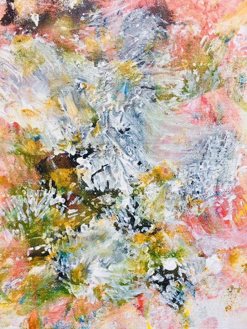 "Untitled" by Tabitha West The painting is large bold splotches of color, mostly pinks and whites and greens – it has a feeling of spring flowers. It is just abstract strokes of these colors on a textured canvas