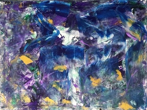 painting that features bold brushstrokes of purples, blues, golds and white all across the canvas, layering colors over each other