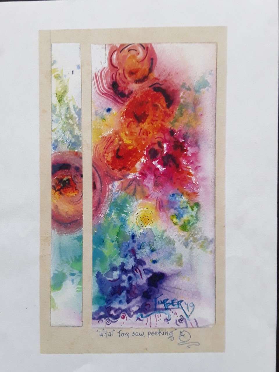 A painting that shows colorful and vibrant flowers of reds, pinks, yellows and blues cascading down the canvas in soft and blurry lines. The canvas is split into two pieces, with a thin strip on the left, a gap, and then the rest of the painting on the right – it looks like the view through a fence into a garden or through a window. The name of the painting and artist are at the bottom in blue flowery handwriting.