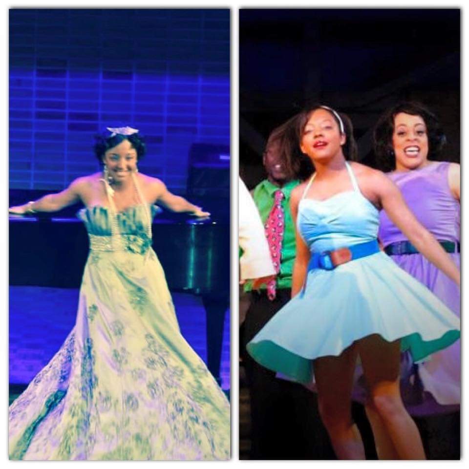 Cat’s daughter, Tyler, performs in many local theater productions two photos side by side - one photo shows Tyler in the silver formal fancy dress on stage; it is a gown and she appears to be dancing in a theatrical production. other photo shows Tyler in the middle of singing and dancing on stage in a play in a short blue flared dress and a blue headband