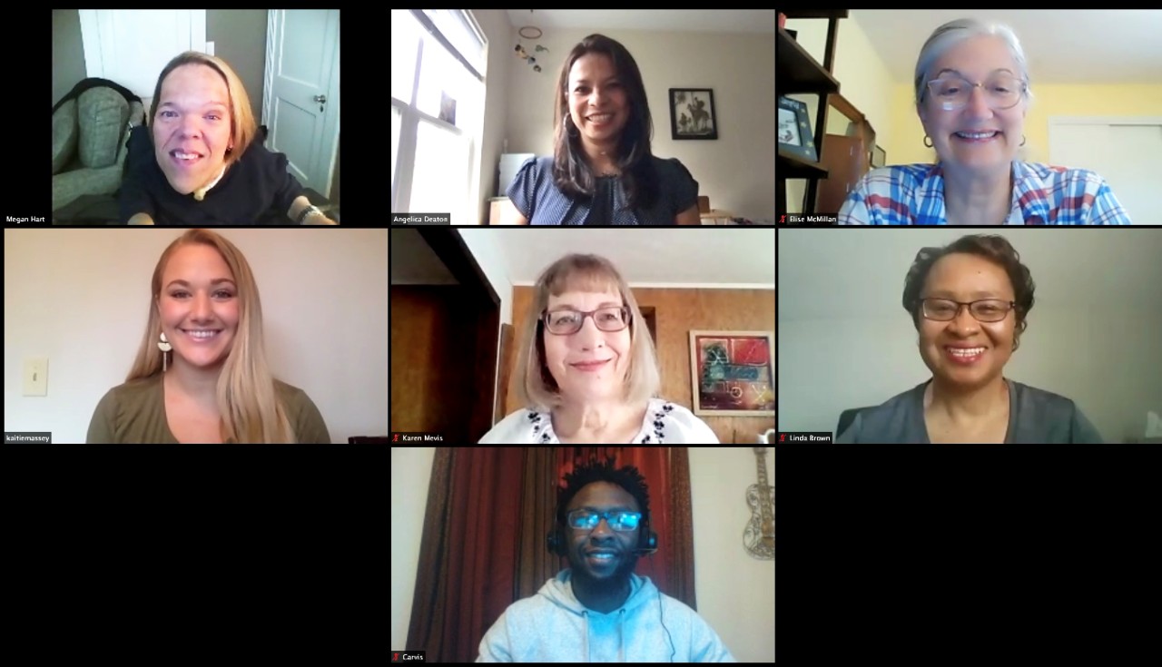 Photo of TN Disability Pathfinder staff meeting virtually during the COVID-19 pandemic a screenshot of a virtual meeting among Pathfinder staff – includes 6 women of different races, and a Black man, that makes up the team of Pathfinder staff.