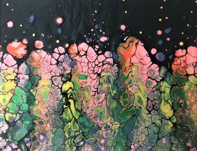 A creative painting of a mass of flowers in pinks and yellows, with their green stems and leaves, shown against a night sky with stars. The flowers and stems almost look like mosaics, made up of spots and shapes of various sizes, outlined in black and colored in a variety of pinks and yellows and greens.