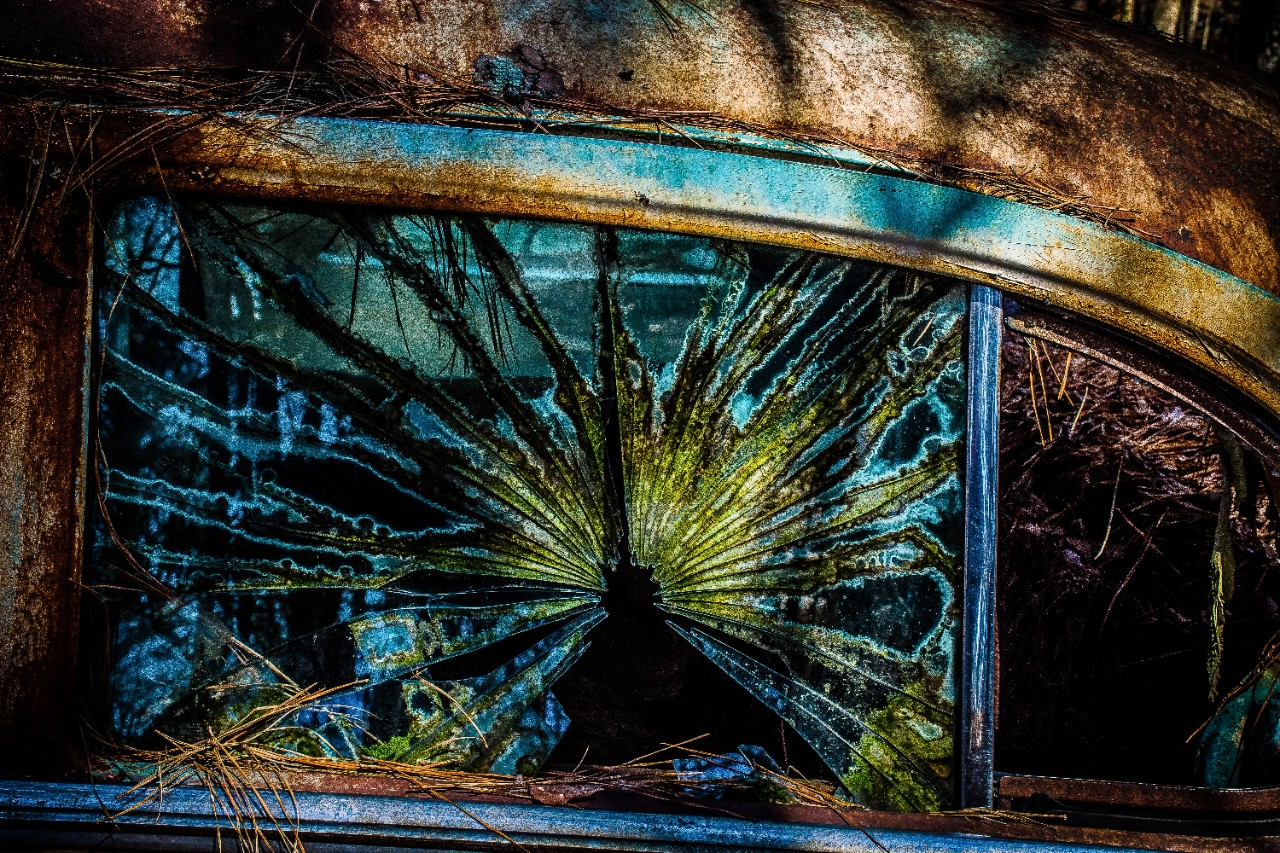 A high-quality photograph with saturated colors of an old rusty car in the woods, specifically a close-up of a window that is broken – the spiderweb of the glass cracking in the window makes an interesting pattern.
