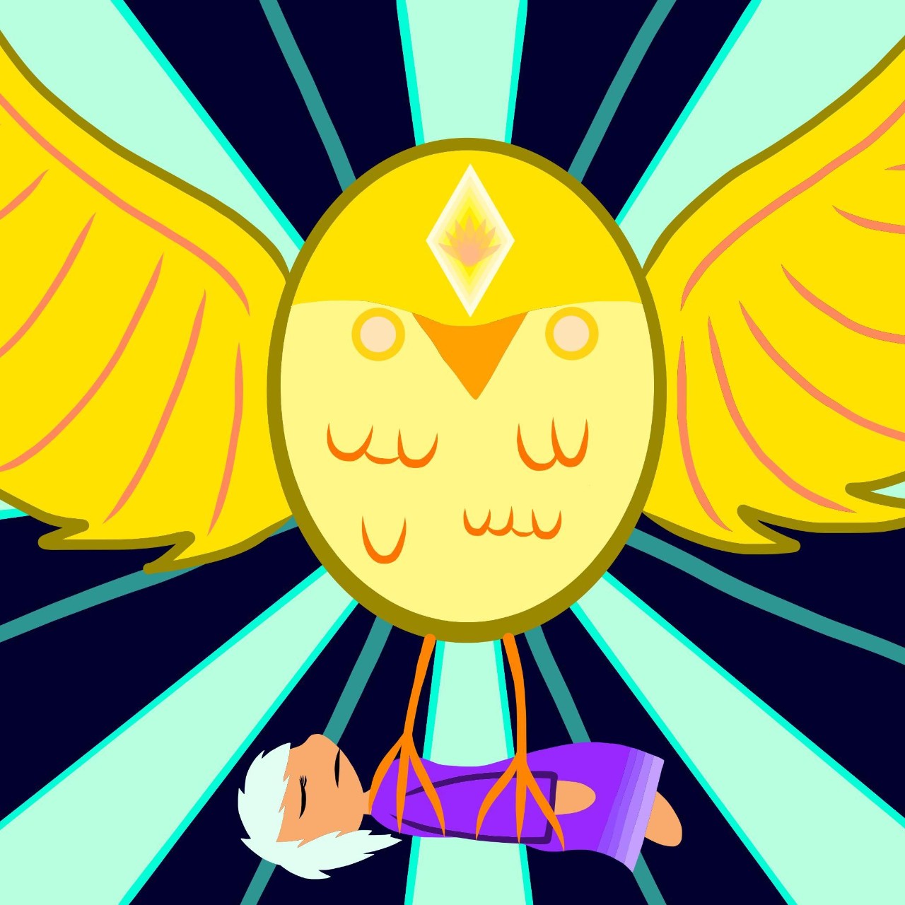 A simply drawn but stylized large bright yellow bird is the central feature of the painting, spreading its wings across the width of the piece. In its talons, it is lifting a woman in a purple dress with white hair, whose eyes are closed. Bright and dark blue lines frame the background of the painting, appearing to shoot out around the two figures