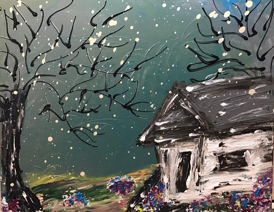“Spring Snow” by Tracy Bettencourt a painting of what looks like an old farmhouse surrounded by colorful bushes and large black trees, with snowflakes falling all around.