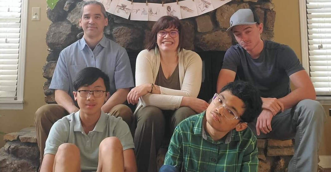 The Guilaran family, left to right: Fonsie, Xiao Yu, Lesley, Angel and Aden family photo of Guilaran family with their 3 sons, Lesley and her husband