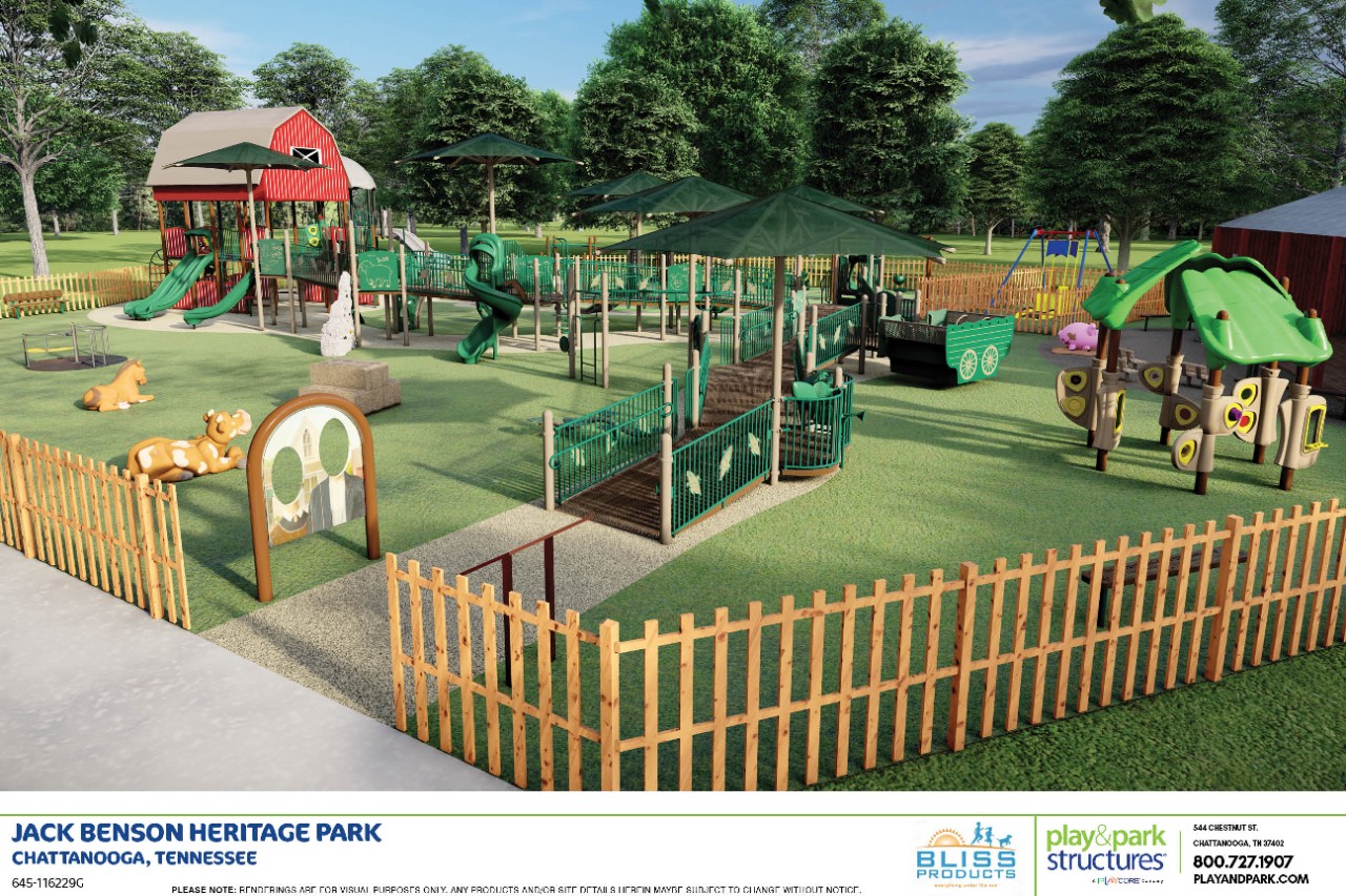 Renderings show design plans for the future “Jack Benson Heritage Park” inclusive playground computer-generated photo of a park with a variety of accessible equipment and spaces