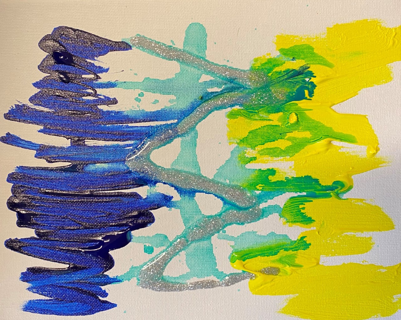 thick textured lines of paint in a few colors zig zag in short horizontal columns across the page – a deep blue-black, a teal and a bright yellow, with some overlapping colors in some places.