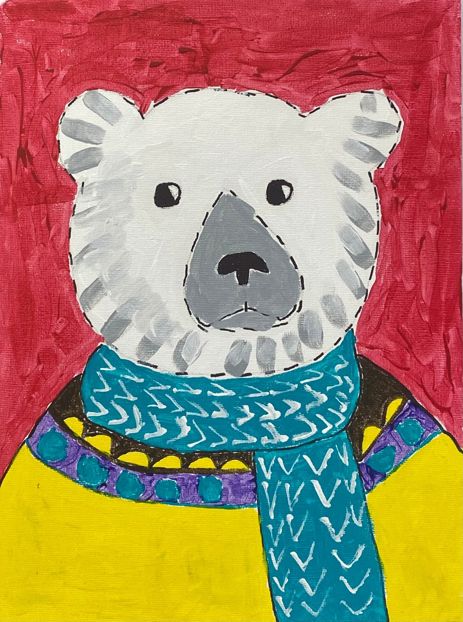 A folk art-style painting shows a white bear with a gray muzzle against a red background. The bear is wearing a bright yellow sweater with colorful bands around the shoulders and a blue-and-white scarf. 