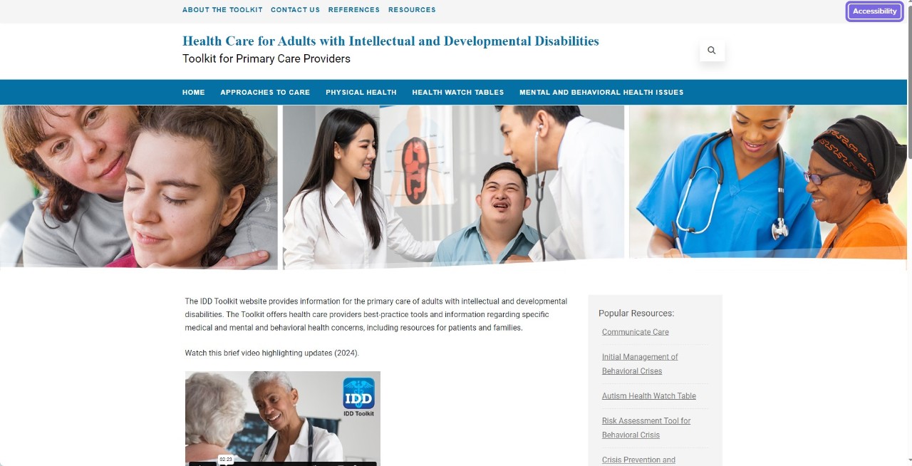 Screenshot of the IDD Toolkit website, featuring pictures of various people with disabilities and family members interacting with medical professionals 