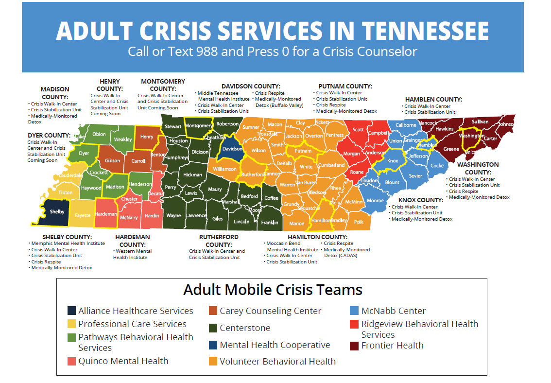 crisis map A detailed map of Tennessee showing counties and their respective adult crisis services, with color-coded regions representing different adult mobile crisis teams. Key services include crisis walk-in centers, stabilization units, crisis respite, and medically-monitored detox. The map’s legend identifies service providers by color, such as Alliance Healthcare Services (dark blue), Ridgeview Behavioral Health Services (red), and McNabb Center (light blue). A header at the top encourages contacting crisis counselors via 988.