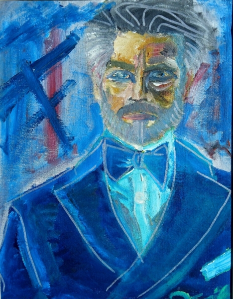 Berluti A bold, expressive painting of an older man with a beard, wearing a suit and bow tie, dominates the canvas. His face is painted with a mix of warm and cool tones, with gold, brown, and blue creating depth and contrast. His piercing blue eyes stand out against the textured brushstrokes. The background is a mix of abstract blue, red, and white hues, with rough, dynamic strokes adding movement. The painting has a modern, impressionistic style with strong contrasts and an intense, almost mysterious expression.