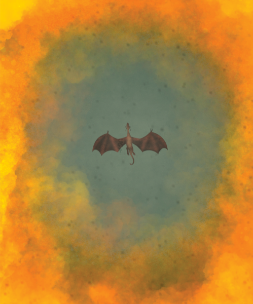 Fire Overhead A small dragon with outstretched wings soars at the center of the image, surrounded by a hazy, fiery ring of orange and yellow. The dragon's body is detailed with earthy brown tones, a long tail, and curved horns. The background transitions from deep teal at the center to a smoky gradient, giving the impression of the dragon emerging from or being engulfed by flames.