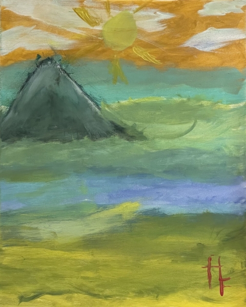 Sunrise over the Mountain An expressive landscape painting featuring a dark, triangular mountain rising from a sea of blended green and blue tones. The sky above is filled with warm golden hues, with a bright yellow sun radiating rough, textured rays. Wispy white clouds streak across the upper portion, adding movement. In the lower right corner, two small red figures stand side by side, providing a human element to the vast scene. The painting has a dreamlike quality, with soft brushstrokes and blended colors.