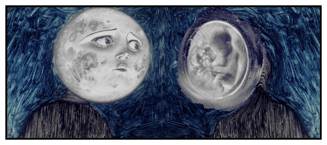 The Joyful Reflection A surreal painting featuring two figures against a dark, textured blue background. On the left, a human-like moon with cratered skin has expressive, sad eyes and a furrowed brow, gazing at the figure on the right. The right figure has a reflective, glassy head containing a curled-up fetus surrounded by a cosmic, starry texture. Both figures wear dark, textured clothing that merges into the background.