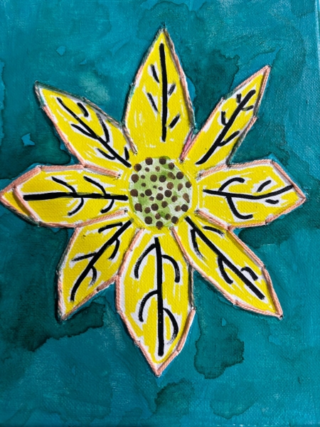 Turquoise Flower A bold, stylized painting of a sunflower with bright yellow petals outlined in pink thread, set against a textured teal background. Each petal features black, branch-like patterns, adding an organic, decorative touch. The flower’s center is a mix of green and brown dots, creating contrast with the vibrant petals. The stitched border around the petals adds dimension and a handcrafted feel, blending painting with textile art. The rich background has a watercolor-like effect