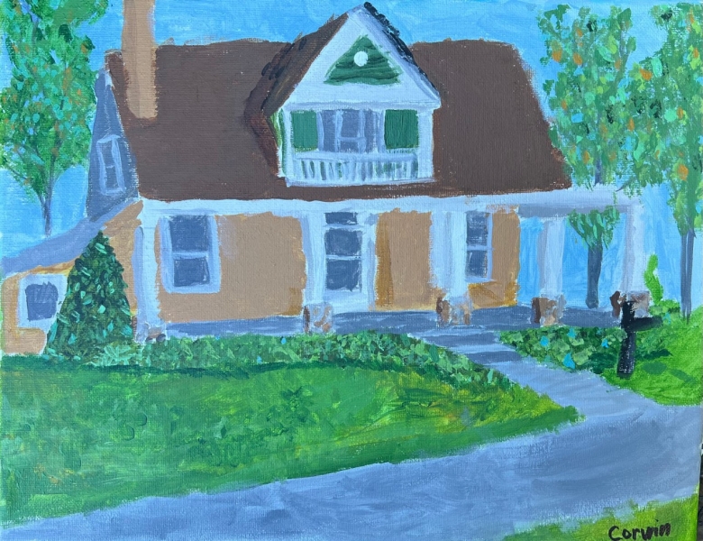 A painting of a charming two-story house with a brown roof and beige walls, accented with white trim. The house features a covered front porch and a small balcony on the second floor with green shutters. A gray pathway leads up to the entrance, surrounded by lush green grass and bushes. There are trees on both sides of the house, with one on the right having oranges. The background consists of a bright blue sky.