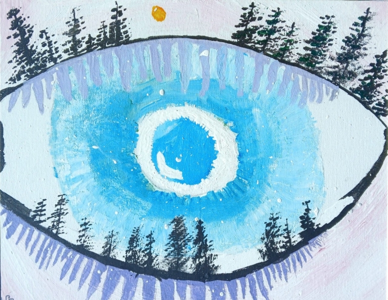 A surreal painting of a blue eye resembling a winter landscape. The iris appears as a frozen pond with white highlights suggesting ice, while the eyelashes resemble icicles hanging down. The upper and lower eyelids are lined with black silhouettes of evergreen trees, blending the eye into a snowy forest scene. A small orange sun or moon is positioned in the pale sky above, adding contrast to the cool color palette.