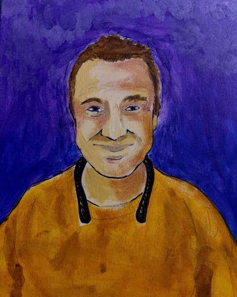 A painted self-portrait of Jordan, a 38-year-old student at the Trousdale School. Jordan is depicted with short brown hair, a warm smile, and light skin. He is wearing a mustard-yellow shirt with a black headset or earbuds resting around his neck. The background is a deep, textured purple, adding contrast to his figure.