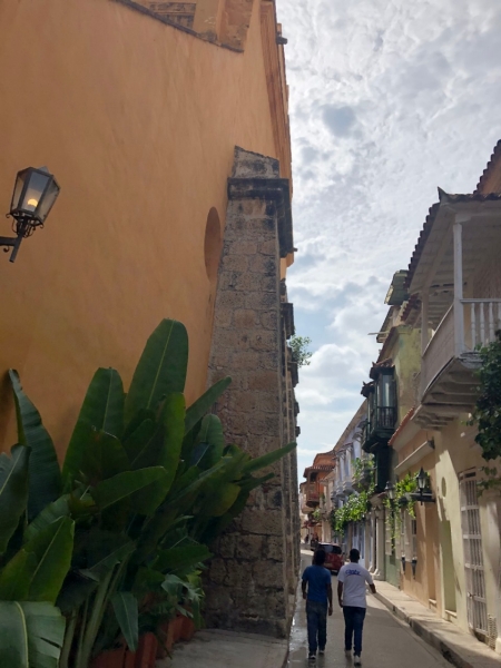 A narrow, picturesque street lined with historic architecture and lush greenery. On the left, a large ochre-colored wall with a weathered stone column towers over the sidewalk, with tropical plants growing along its base. An old-fashioned lantern is mounted on the wall. On the right, colorful colonial-style buildings with wooden balconies and greenery draping over railings add charm to the scene. Two people walk down the street towards the distance, where more buildings and a parked vehicle are visible.