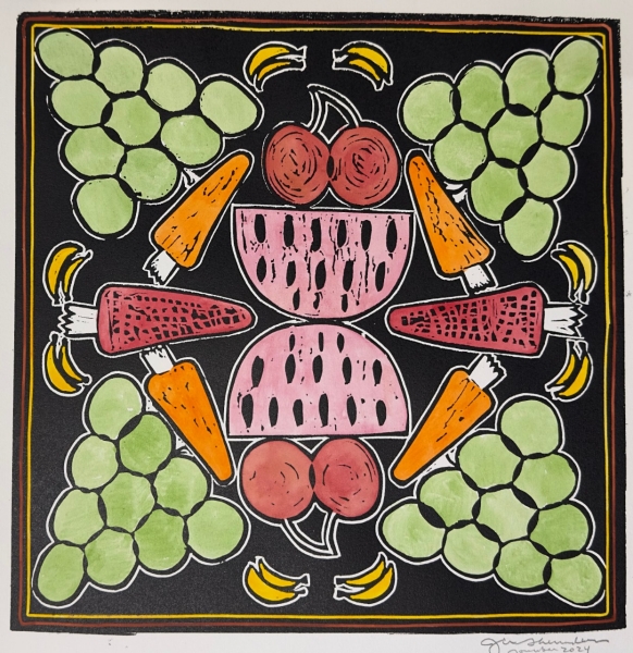 A symmetrical, colorful painting of fruits and vegetables geometrically on a black background. It features watermelon halves, cherries, carrots, mushrooms, green grapes, and small yellow bananas, all outlined in bold lines. The artwork has a bold, outlined style with a decorative border in red, yellow, and black. The artist's signature and the year "2024" are visible in the bottom right corner.